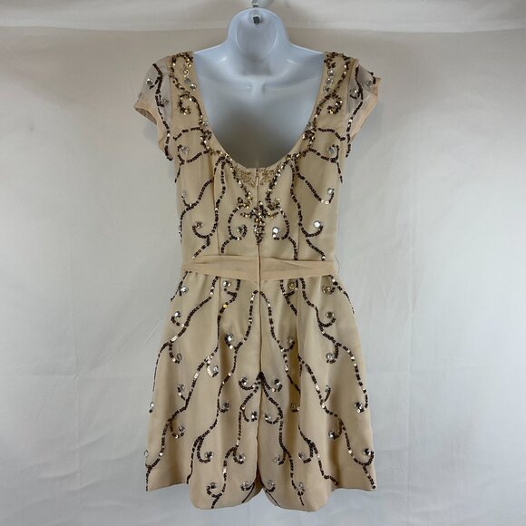 Shail K. Romper 2 Cream Brown Sequin Rhinestones Lined Short Sleeve Tie Waist - Picture 8 of 14